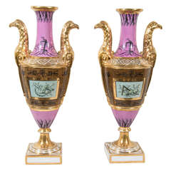 Antique Pair Paris Porcelain Vases with Mauve Ground and Neoclassical Design