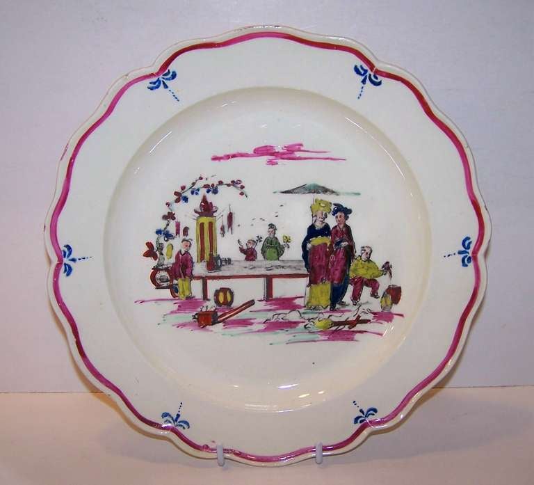 English Pair Creamware Dishes 18th Century England Painted in Pink & Purple Made c-1785 For Sale