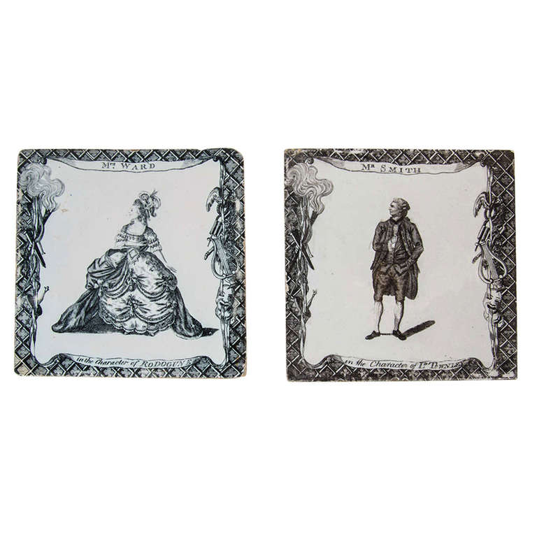 Pair of 18th Century Liverpool Delft Theatrical Tiles