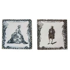 Antique Pair of 18th Century Liverpool Delft Theatrical Tiles