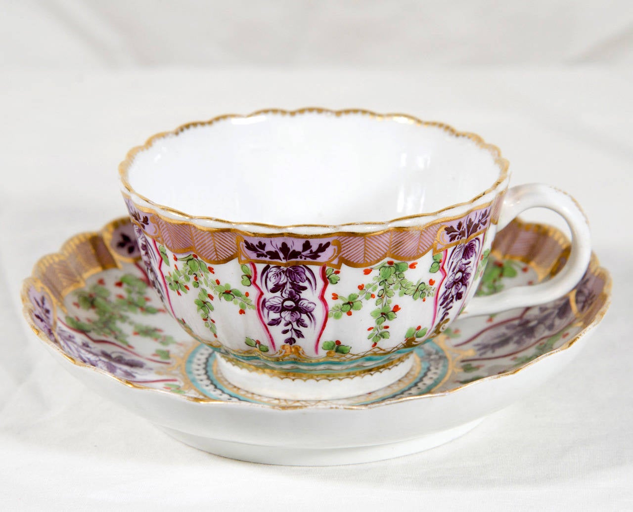 English Antique Flight Barr Worcester Porcelain Cup and Saucer in Holly Berry Pattern