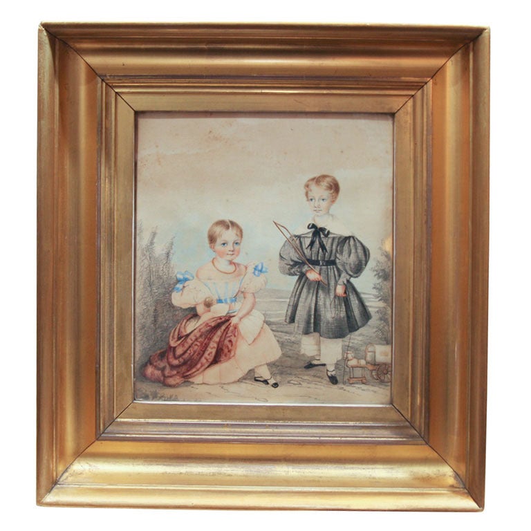 Antique Watercolor Painting Two Children