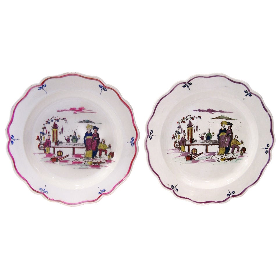 Pair Creamware Dishes 18th Century England Painted in Pink & Purple Made c-1785 For Sale