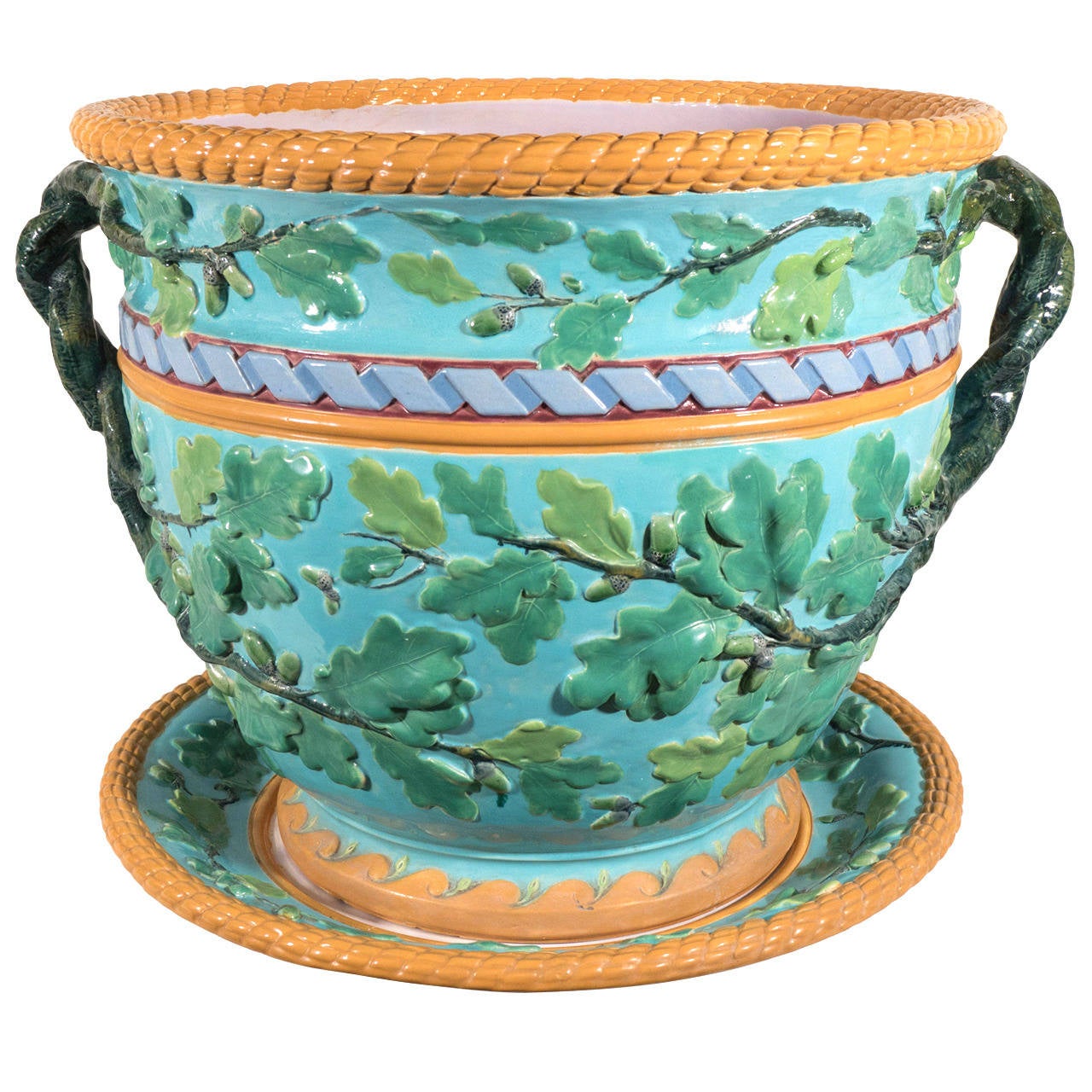 Large Minton Antique Majolica Planter with Green Leaves on a Turquoise Ground