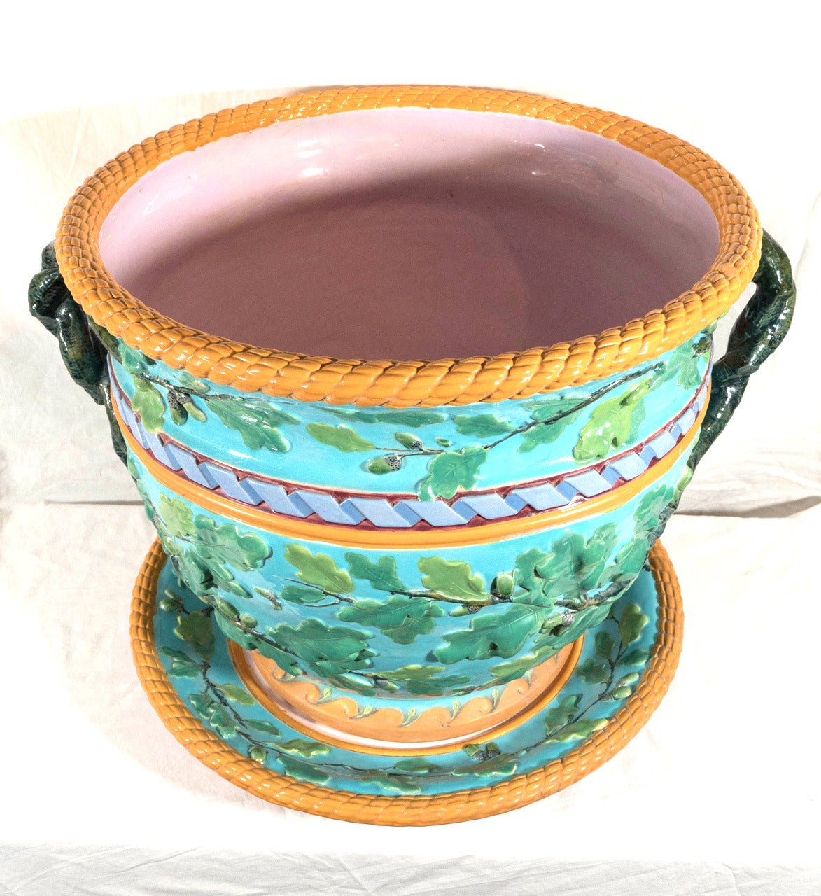 Victorian Large Minton Antique Majolica Planter with Green Leaves on a Turquoise Ground
