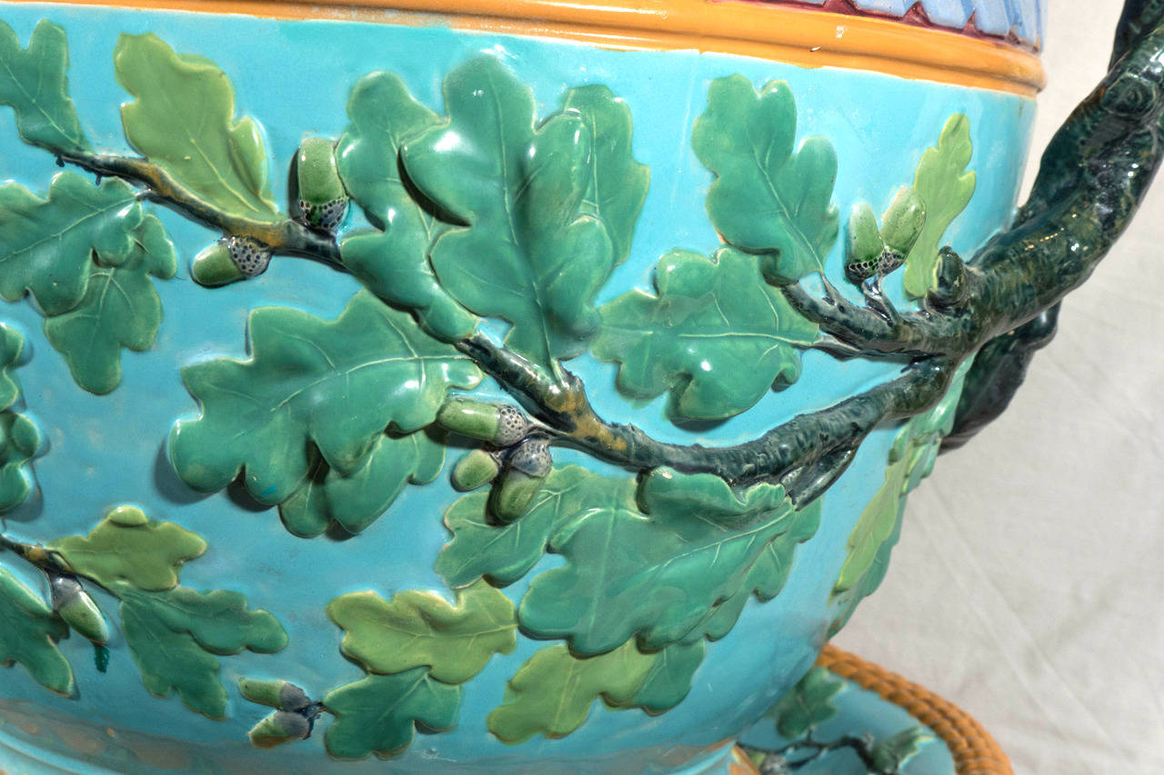 English Large Minton Antique Majolica Planter with Green Leaves on a Turquoise Ground