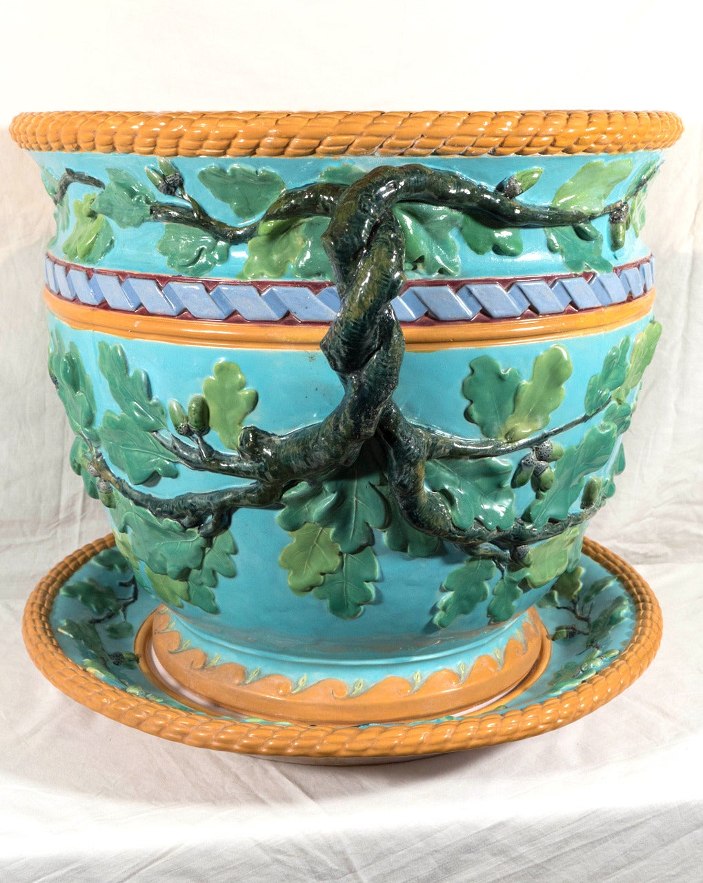 Hand-Painted Large Minton Antique Majolica Planter with Green Leaves on a Turquoise Ground
