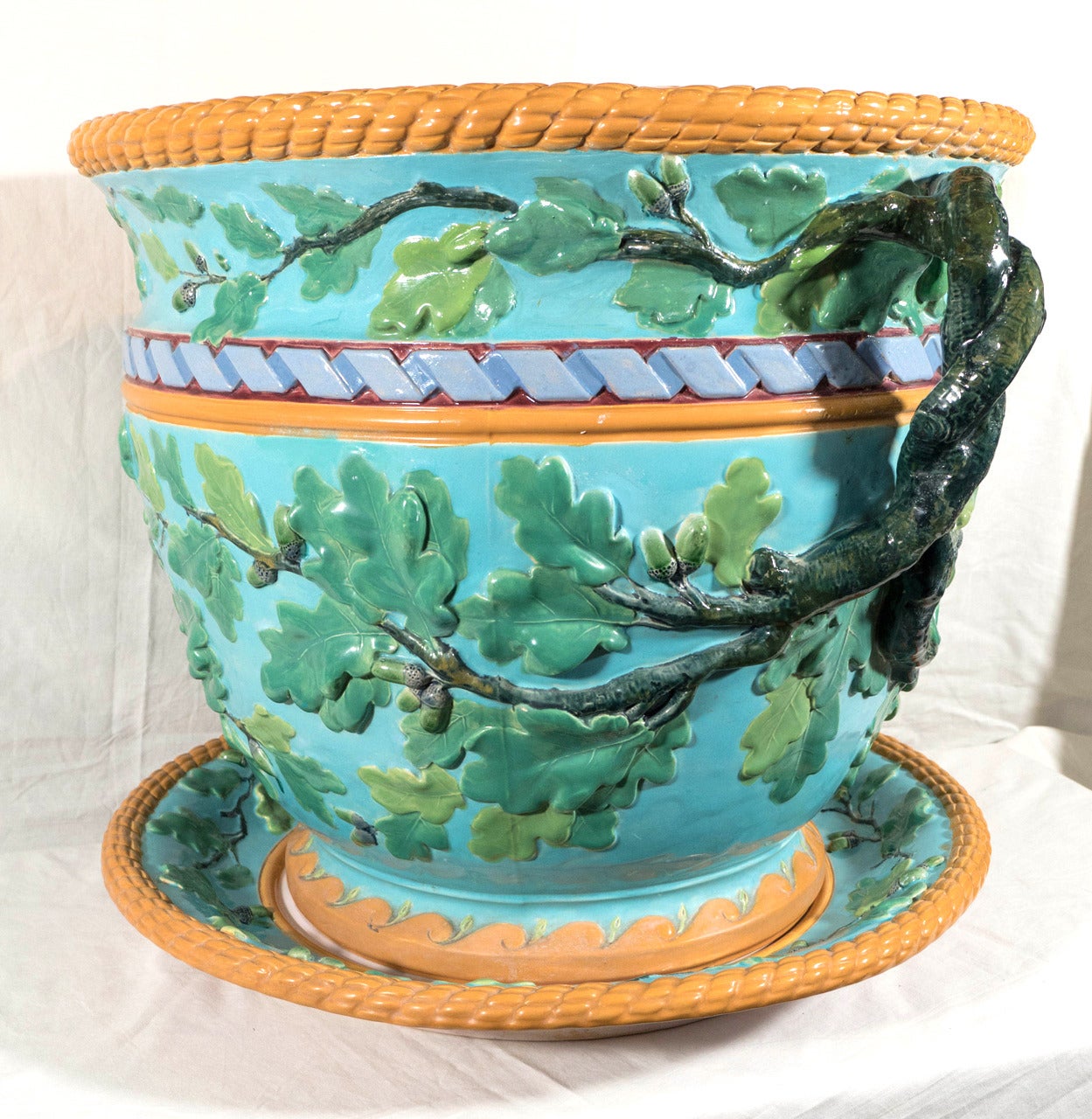 19th Century Large Minton Antique Majolica Planter with Green Leaves on a Turquoise Ground