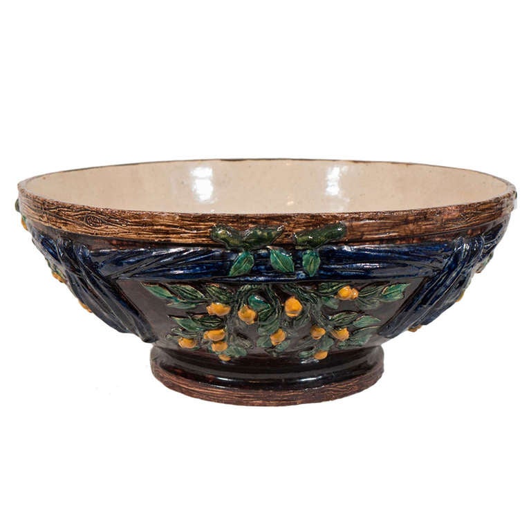 Large Majolica Bowl Painted a Deep Blue