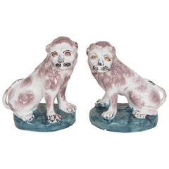 Antique Pair of 18th Century Brussels Faience Lions