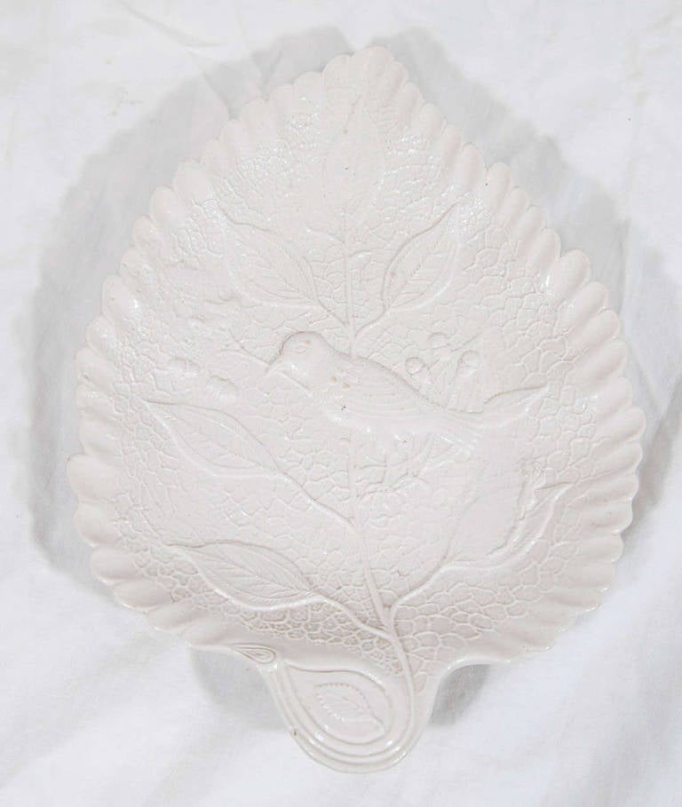 Staffordshire Saltglaze Leaf-Shaped Dish with Bird