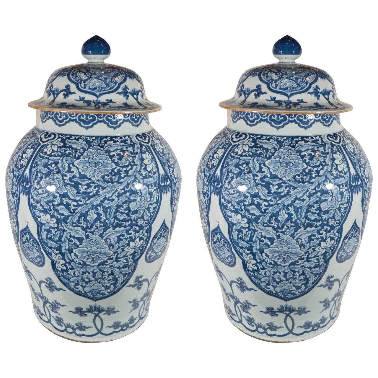 Massive Pair of Qing Dynasty Chinese Blue and White Covered Vases at