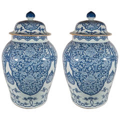 Massive Pair of Qing Dynasty Chinese Blue and White Covered Vases