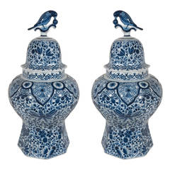 Pair of Late 18th or Early 19th Century Dutch Delft Blue and White Covered Vases