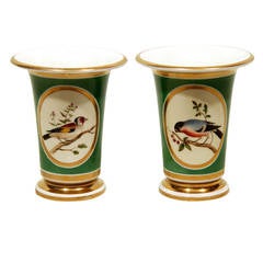 A Pair of Green Ornithological Spill Vases