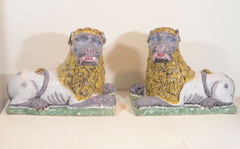 A Pair of Large 18th Century Luneville Faience Lions