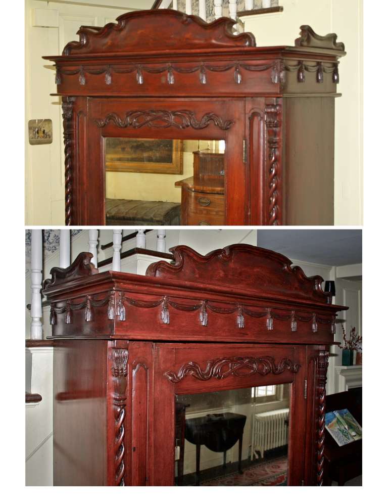 An elaborate Thai cabinet, dating from midway through the Chulalongkorn reign. The lions at its base as well as the entwined hoho birds and vines are established Thai motifs. The twist columns and applied swaged tassels may reflect French and