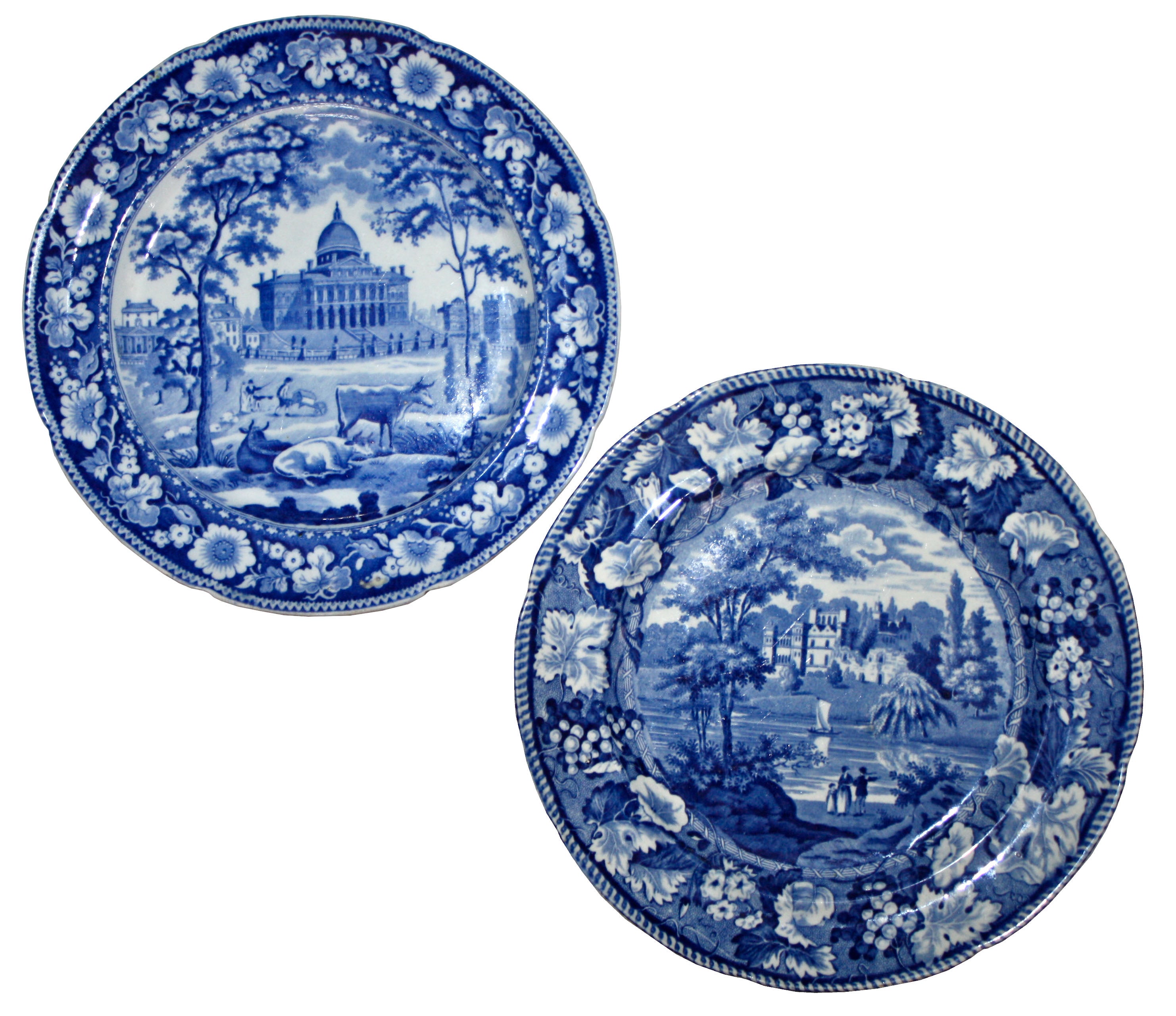 Two Blue And White Pearlware Scenic Plates - Boston And Warwickshire For Sale