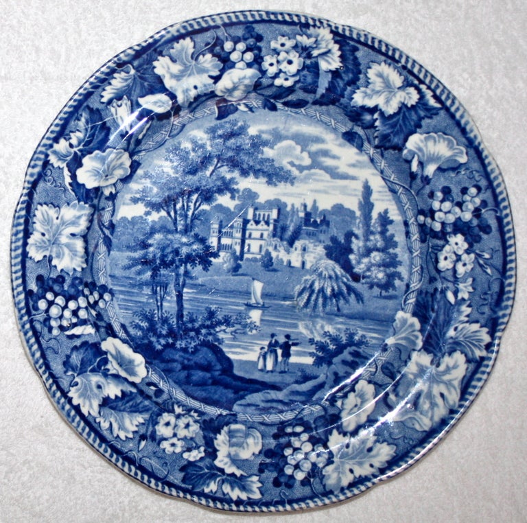 Regency Two Blue And White Pearlware Scenic Plates - Boston And Warwickshire For Sale
