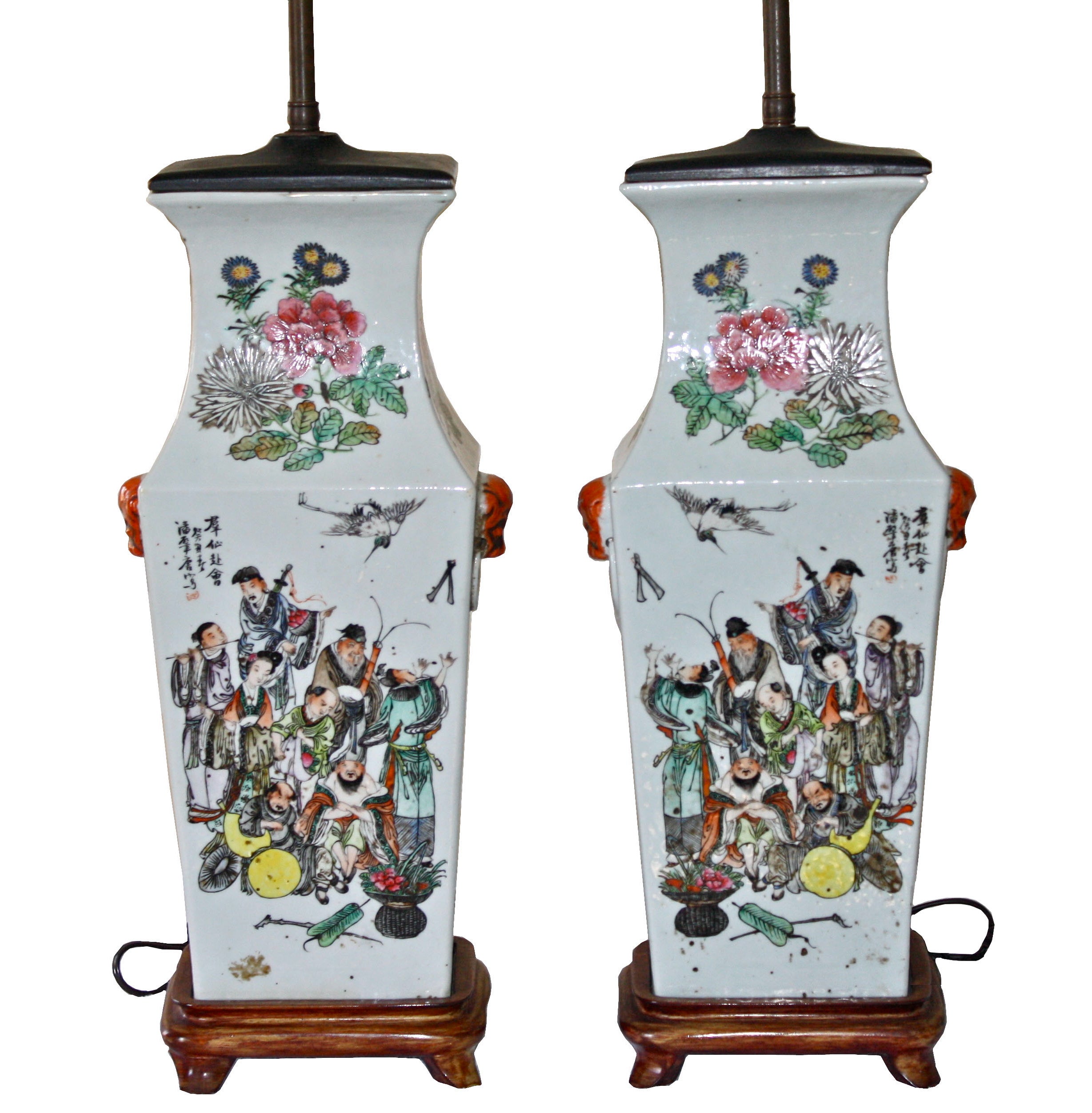 Pair of Chinese Qing Chu-p'i Porcelain Vase Lamps