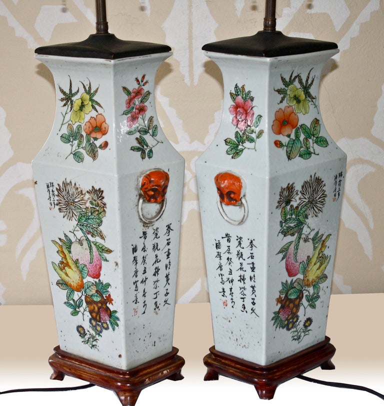 19th Century Pair of Chinese Qing Chu-p'i Porcelain Vase Lamps