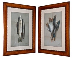 Pair of Arts & Crafts Movement Pastel Paintings of Fish and Game