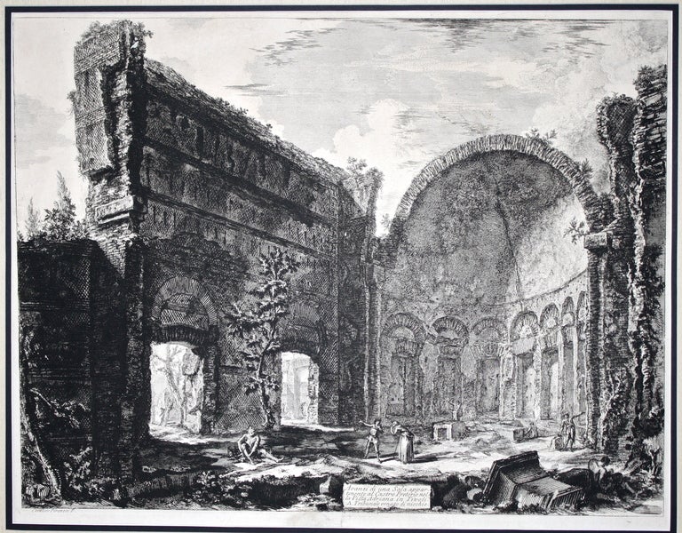 A matted etching created by Giovanni Battista Piranesi (1720-1778).  In 1767 he was proclaimed a knight of the Golden Spur, which enabled him henceforth to sign himself Cav[aliere] Piranesi.
Francesco Piranesi (1756-1810) was the eldest son and heir