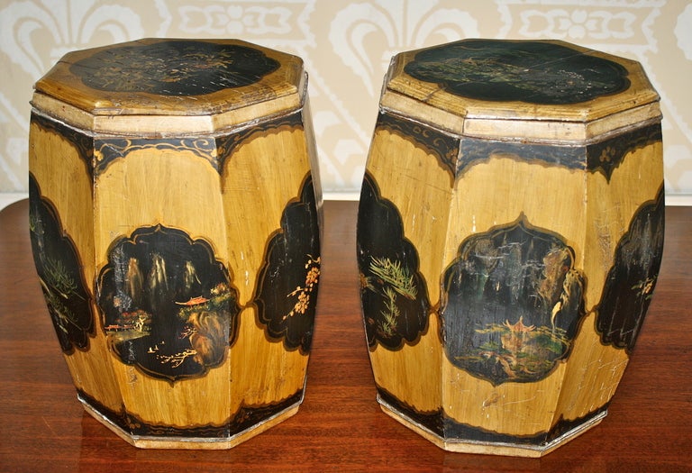 Pair Chinese Octagonal Wooden Tabourets In Distressed Condition In Woodbury, CT