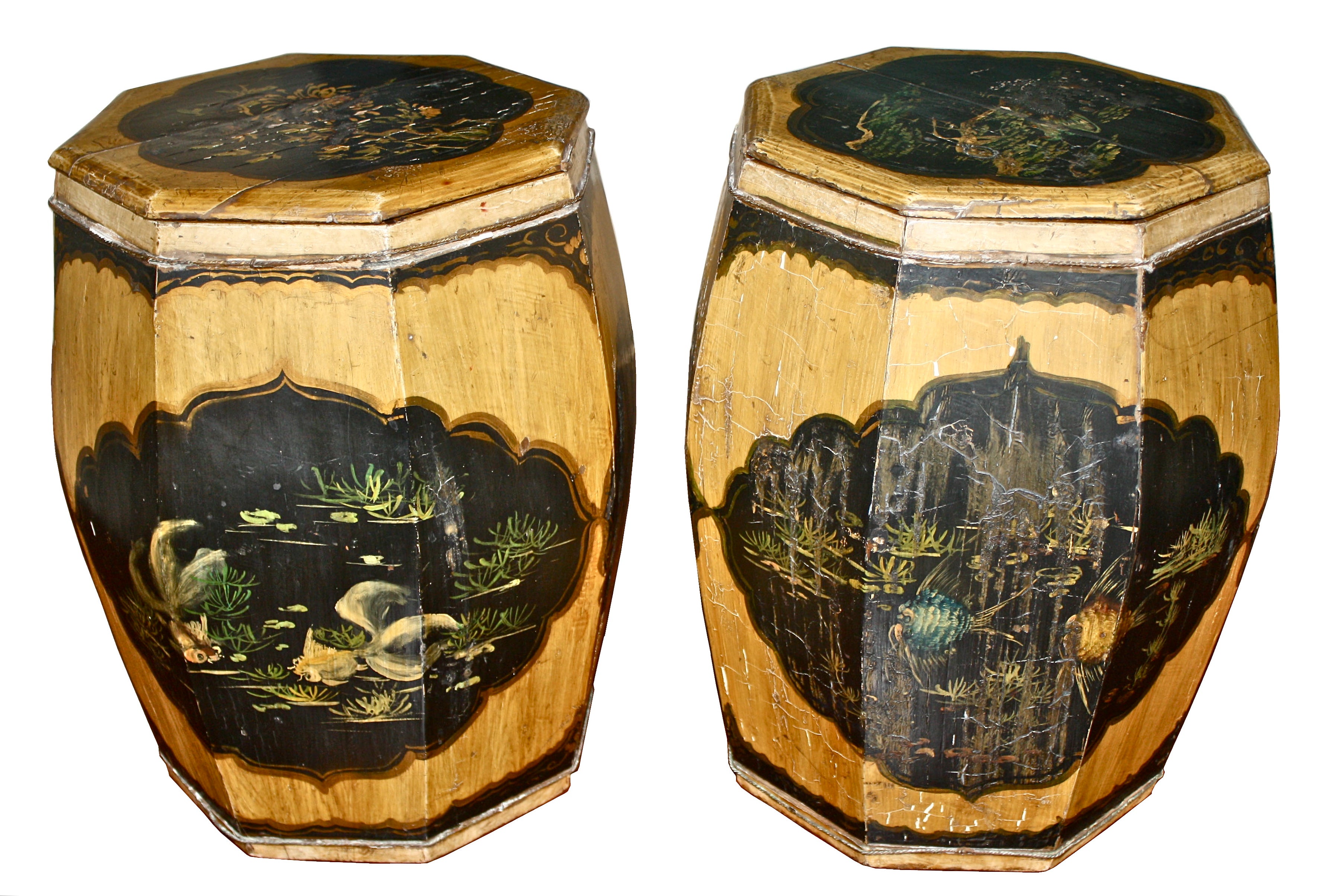 Pair Chinese Octagonal Wooden Tabourets