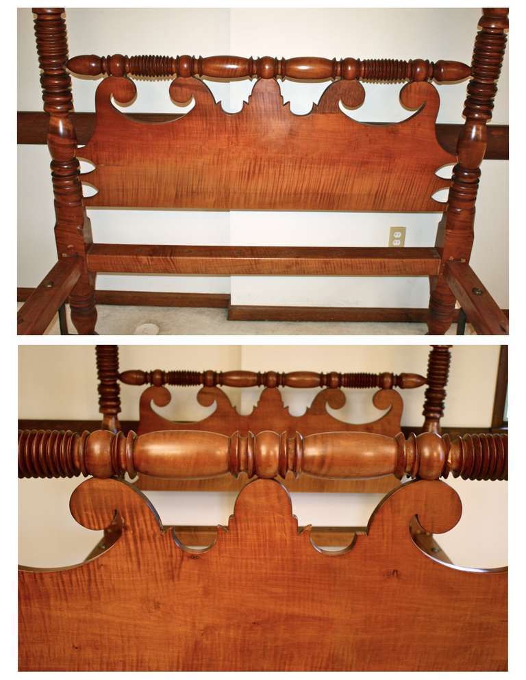 Hand-Carved Sheraton Tiger Maple Four Poster Bed For Sale