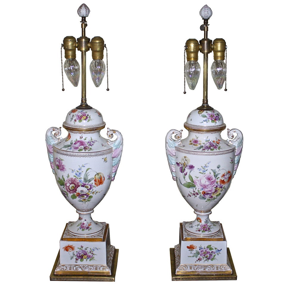 PAIR Neoclassical Revival Dresden Porcelain Urn Lamps