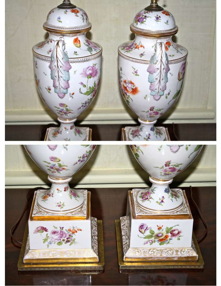German PAIR Neoclassical Revival Dresden Porcelain Urn Lamps