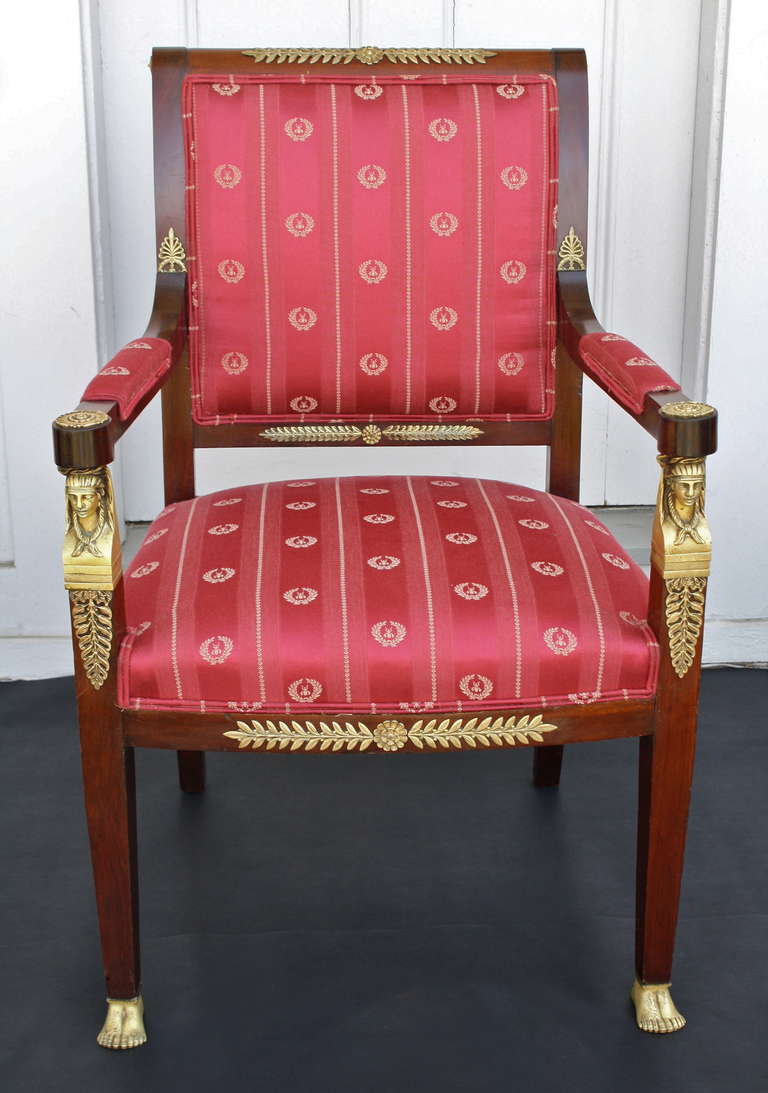A Napoleonic First Empire Revival mahogany fauteuil or armchair with 