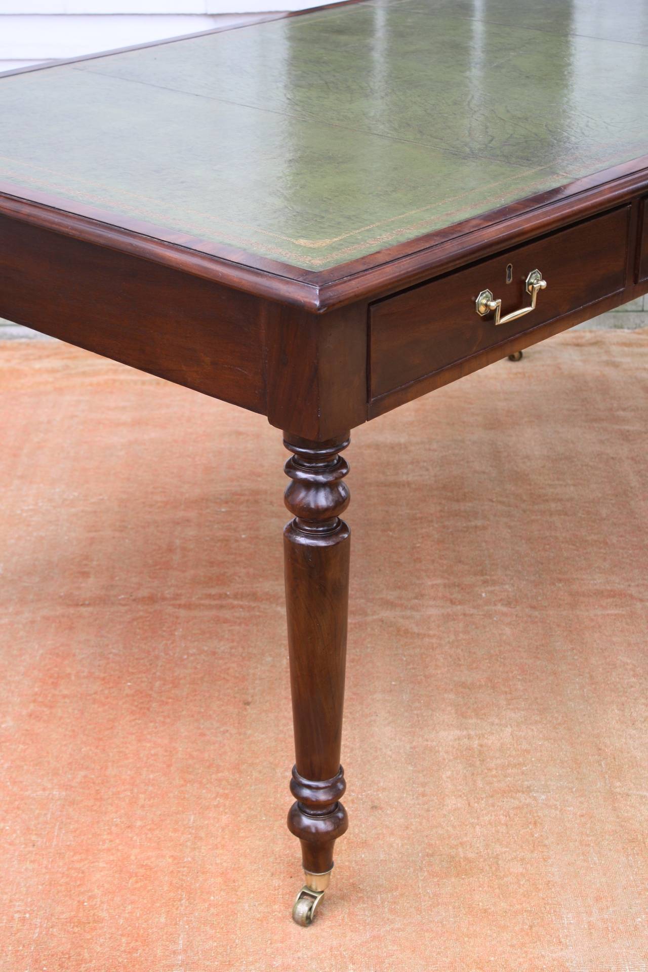 Brass Edwardian Leather-Top Library Table