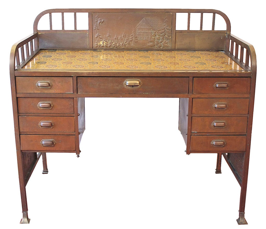 A rare and possibly singular alpine motif Vienna Secessionist 'high' desk or dressing table, with matching chair. The structural framing for both pieces is brass plated square tubing with matching front and matching rear brass feet of distinctive
