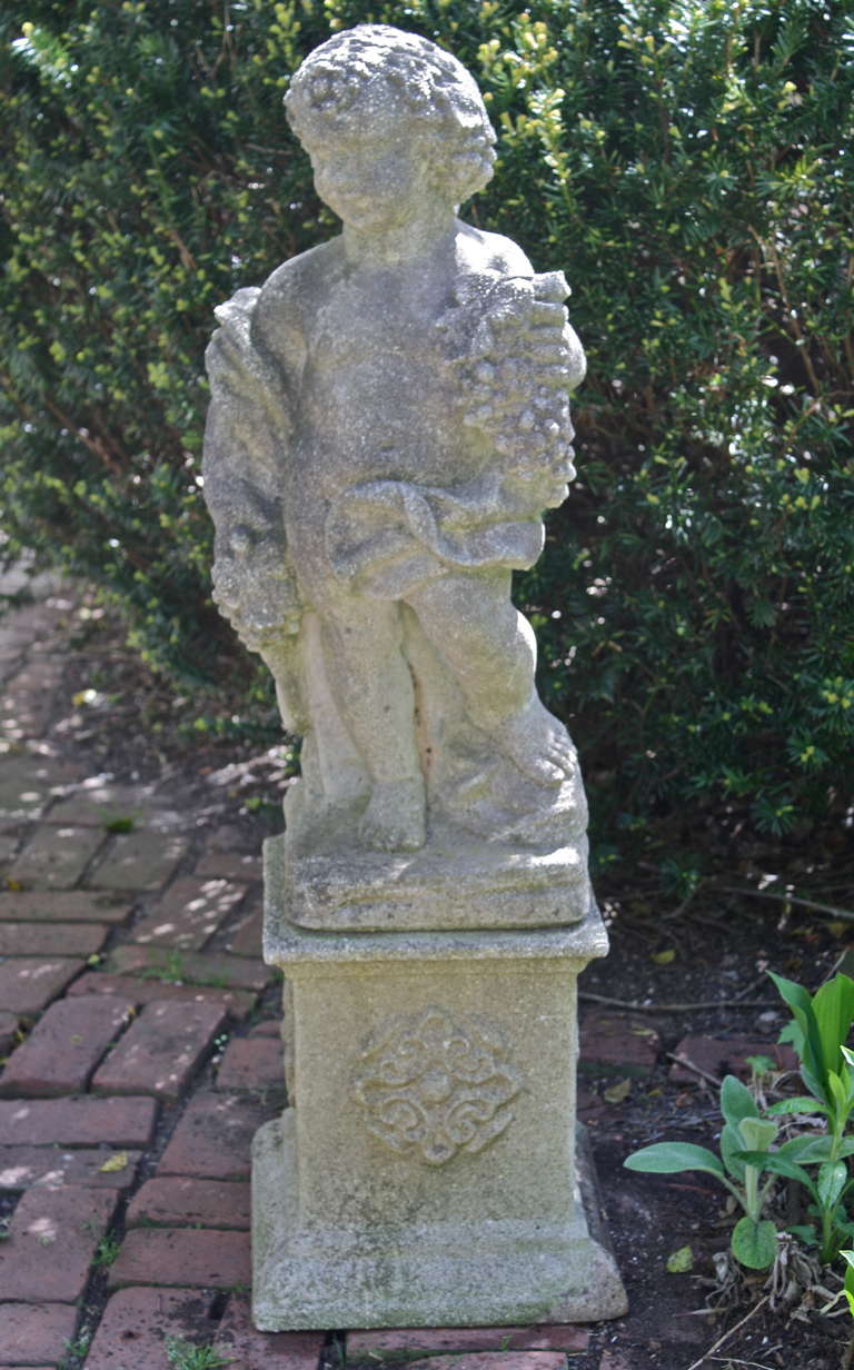 A cast stone cherubic garden statue bearing grapes, in the Neoclassical manner.  It may be one of a series of Putti representing the progression of agricultural seasons.  The putto figure is 29 inches tall on its own simple plinth.  The separate