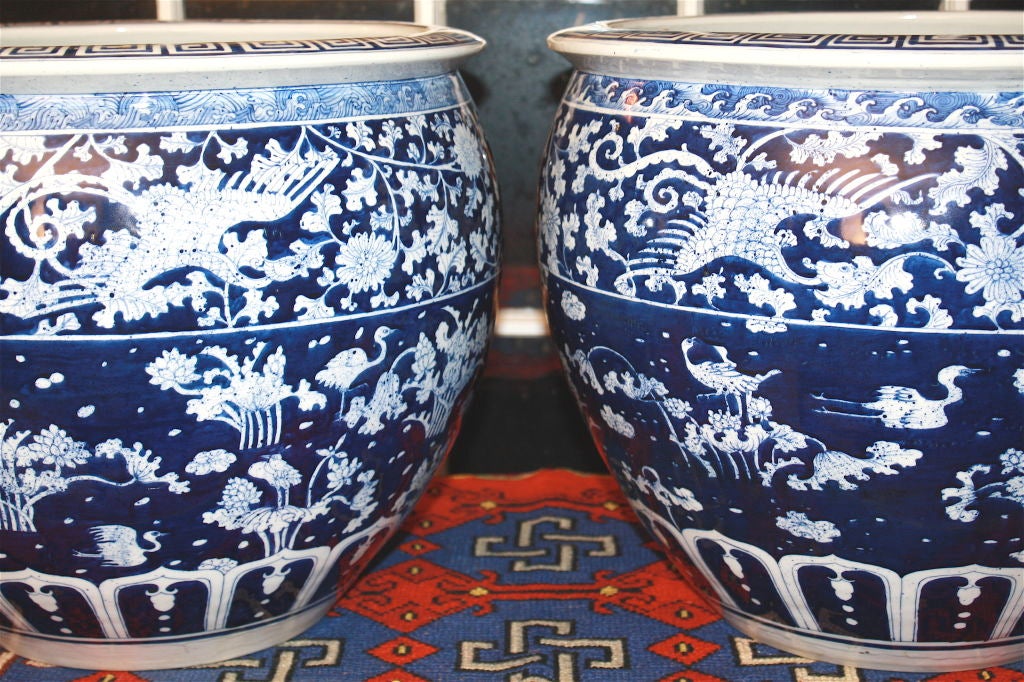19th Century PAIR Chinese Export Large Blue & White 'Fish Bowls'/Jardinieres