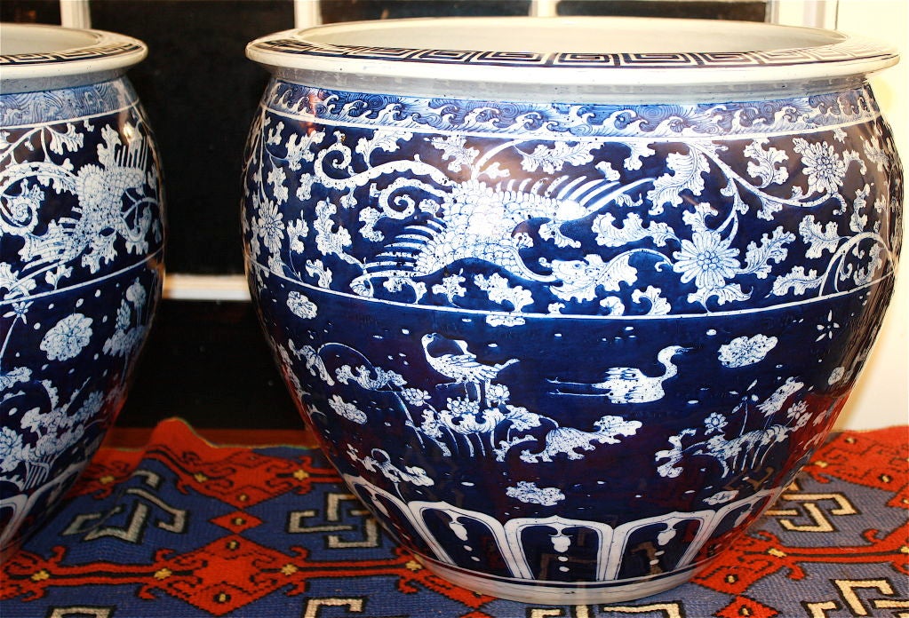 PAIR Chinese Export Large Blue & White 'Fish Bowls'/Jardinieres 1