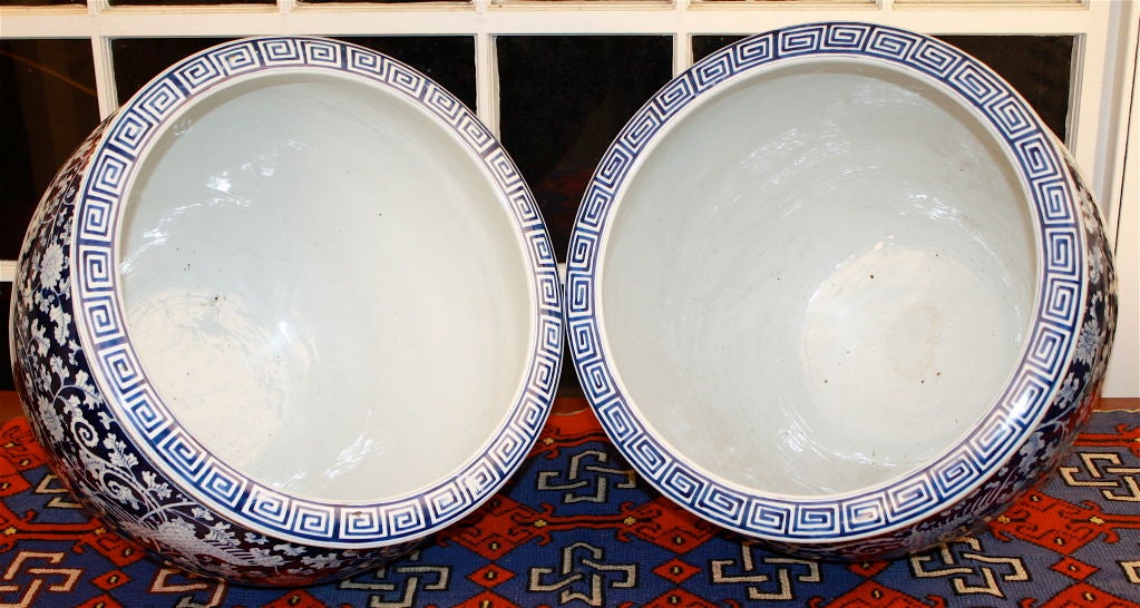 PAIR Chinese Export Large Blue & White 'Fish Bowls'/Jardinieres 3