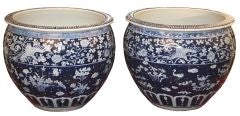 Antique PAIR Chinese Export Large Blue & White 'Fish Bowls'/Jardinieres