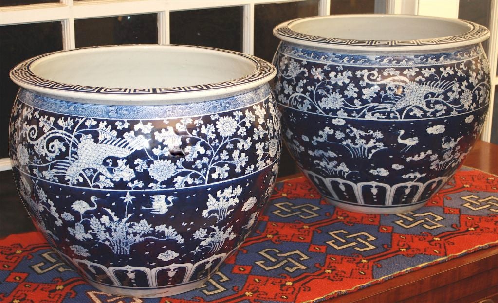 PAIR Chinese Export Large Blue & White 'Fish Bowls'/Jardinieres 2