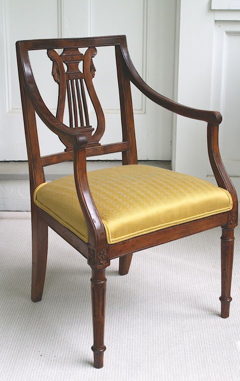 Hand-Carved TWO Italian Neoclassical Lyre Back Piedmontese Armchairs For Sale