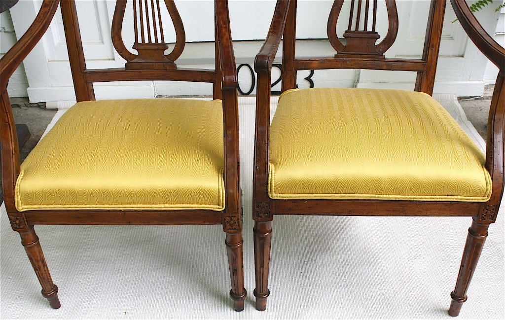 Upholstery TWO Italian Neoclassical Lyre Back Piedmontese Armchairs For Sale