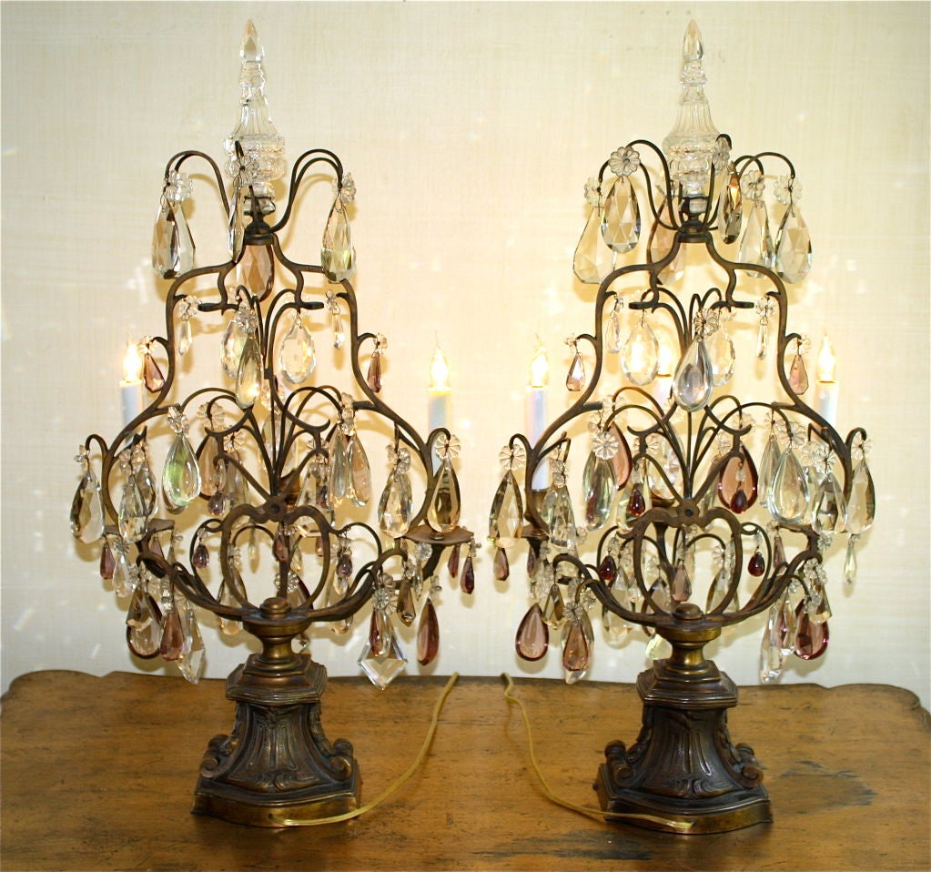 French Pair of Neoclassical Revival Bronze and Rock Crystal Girandoles For Sale
