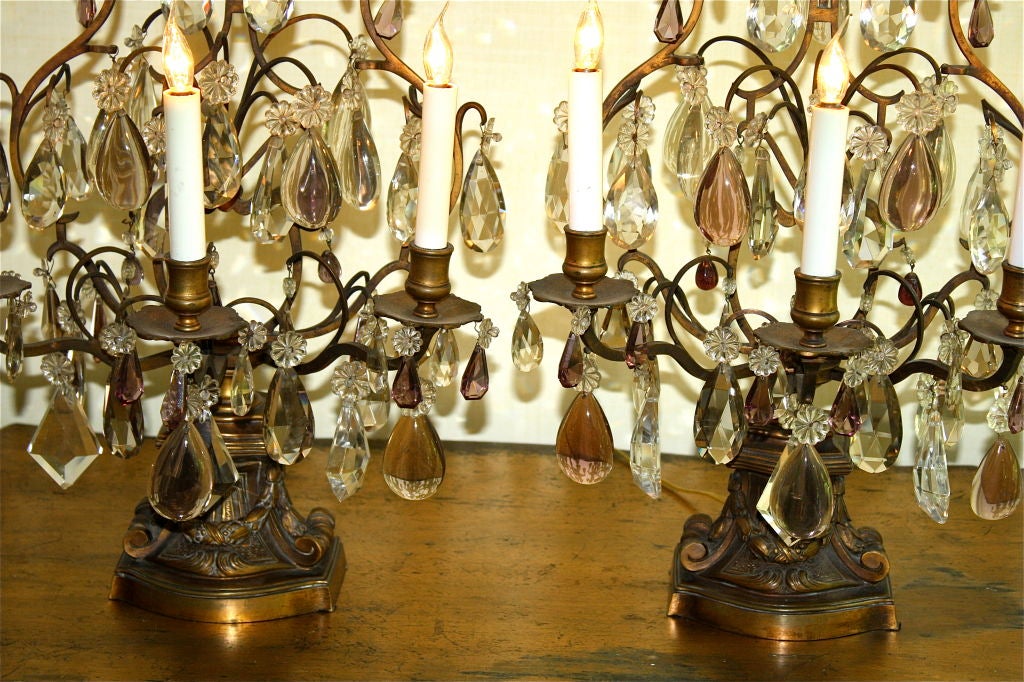 Pair of Neoclassical Revival Bronze and Rock Crystal Girandoles In Excellent Condition For Sale In Woodbury, CT