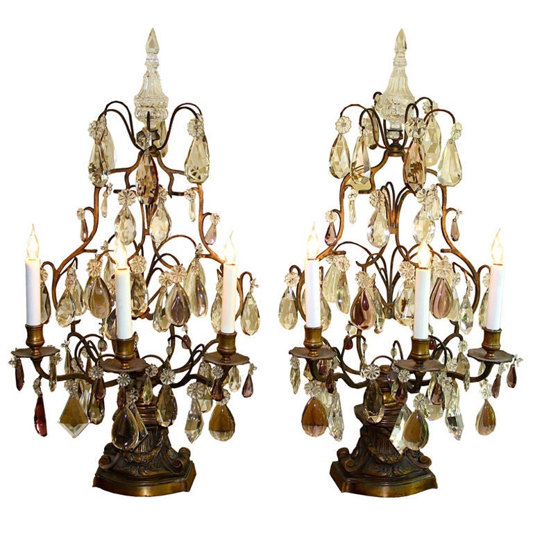 Pair of Neoclassical Revival Bronze and Rock Crystal Girandoles For Sale