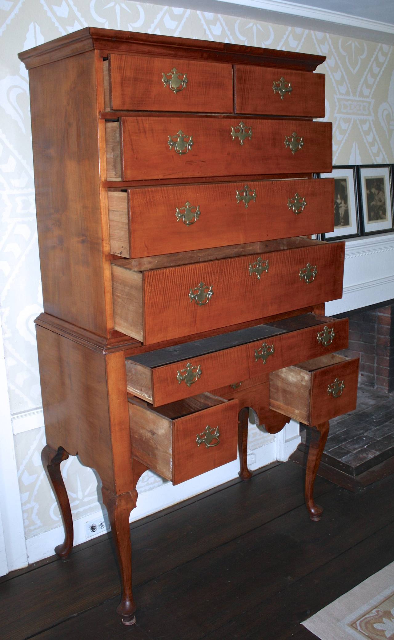 American Colonial Newport Queen Anne Tiger Maple Highboy - Christopher Townsend Shop