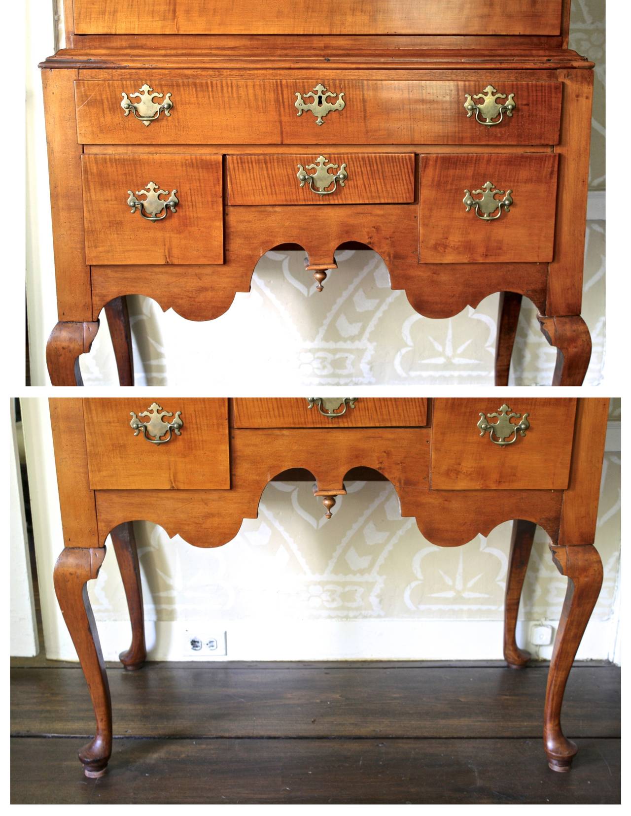 Pine Newport Queen Anne Tiger Maple Highboy - Christopher Townsend Shop