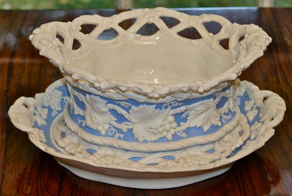 Six piece fruit and berry service in 'Wedgwood' blue and white Parian ware.  Of bisque porcelain invented in England by Thomas Battam, and marketed by the Staffordshire firm of Wm. Taylor Copeland and Thos. Garrett. This set is 'in the manner of'