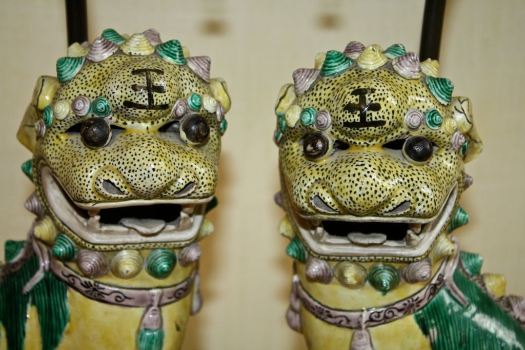18th Century and Earlier PAIR of Chinese Famille Verte Buddhist Lion Lamps